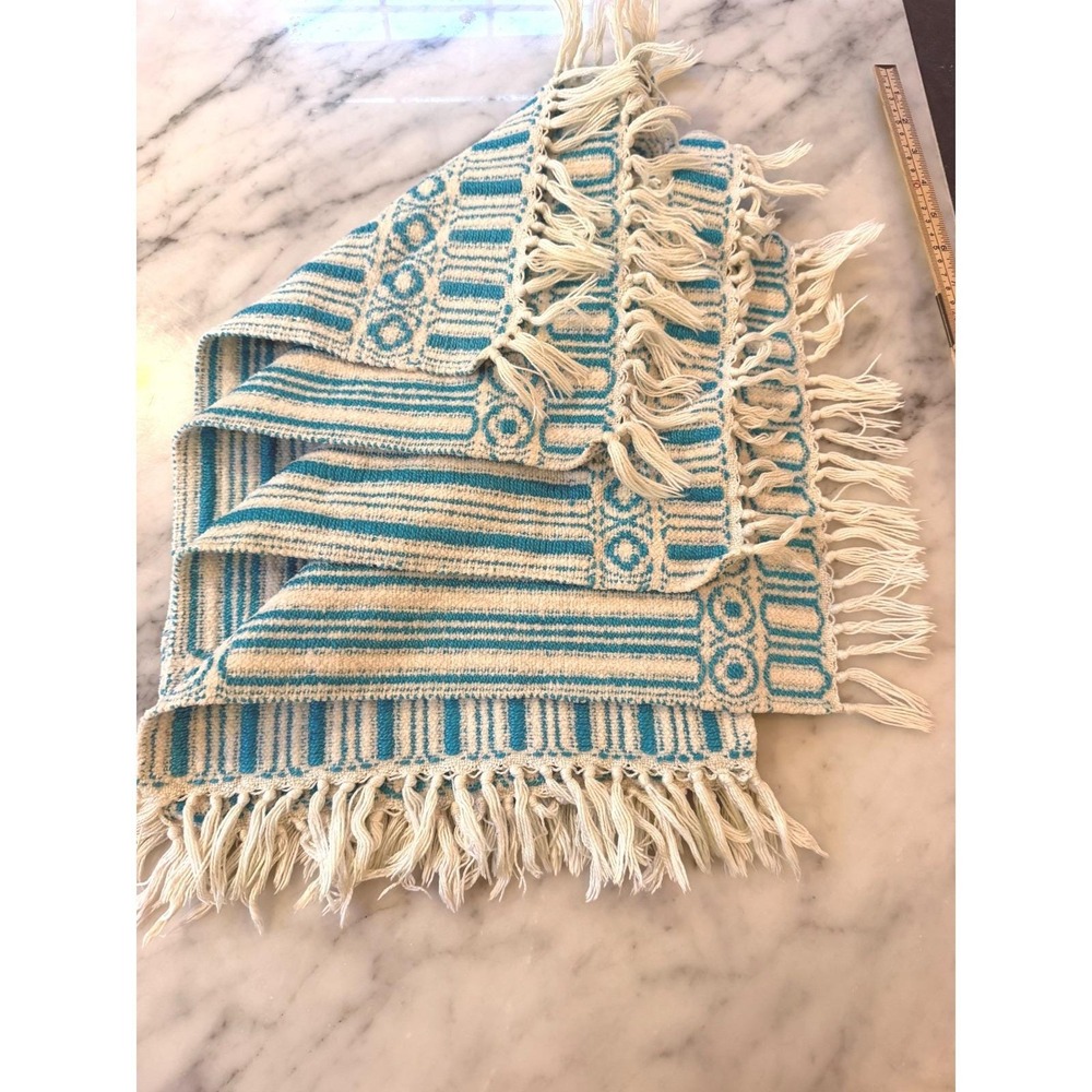 Vintage 70s Mid Century Modern Turquoise Aqua White Geometric set of 4 Placemats